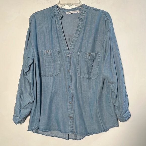 ZARA Denim Chambray V-Neck Tab SLV Tencel Casual Boho Office Boyfriend Shirt M - Picture 2 of 16